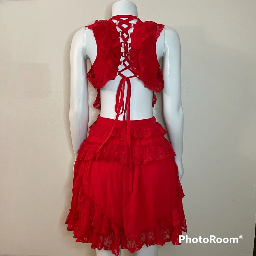 Red V-neckline lace ruffle crisscross back cutout dress - Picture 3 of 13